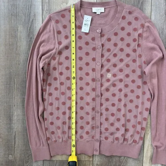 Ann Taylor LOFT Cardigan Sweater Womens Size L Mauve Polka Dot Button Front NWT - Picture 6 of 7